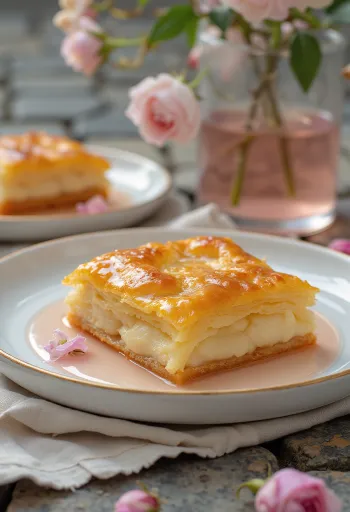 Galaktoboureko com xarope de água de rosas, um doce grego delicioso com creme em massa filo e xarope de água de rosas