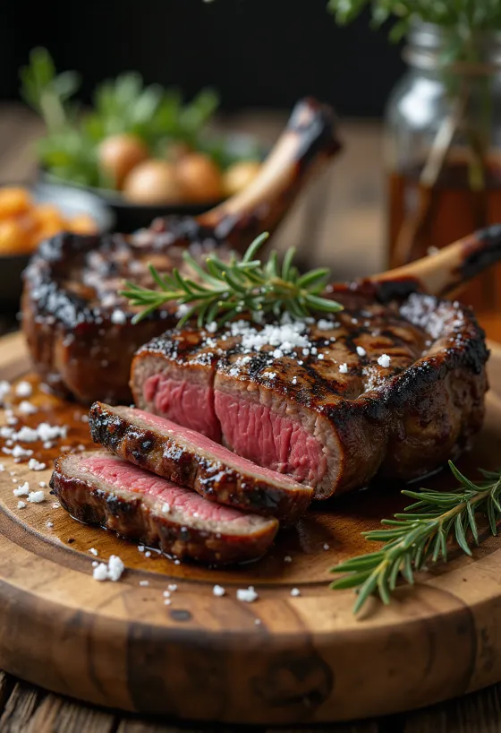 Bifes de springbok grelhados servidos com legumes assados.