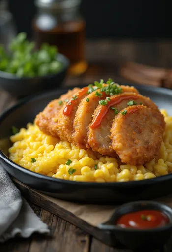 Katsu Omurice, arroz com ovo japonês com frango e sementes de sésamo