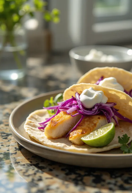 Taco de pescado servido com lima e coentros