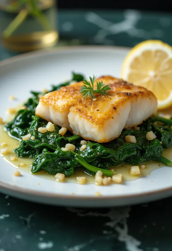 Peixe frito com espinafres ao alho servido