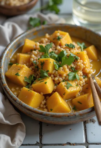 Wok de abóbora e quinoa com tofu ao caril e tahini servido