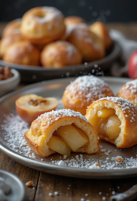 Pilha de Æbleskiver quentes numa travessa festiva