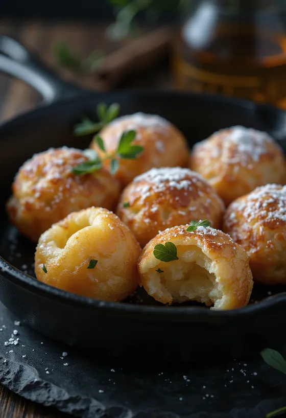 Æbleskiver sem glúten, castanho-dourado, com interior macio e exterior estaladiço