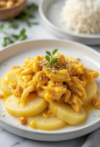 Ají de gallina sem ovo, frango com molho amarelo cremoso, servido com arroz e batata