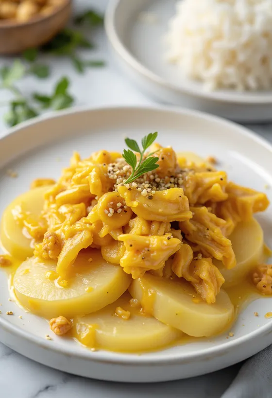 Ají de gallina sem ovo, frango com molho amarelo cremoso, servido com arroz e batata