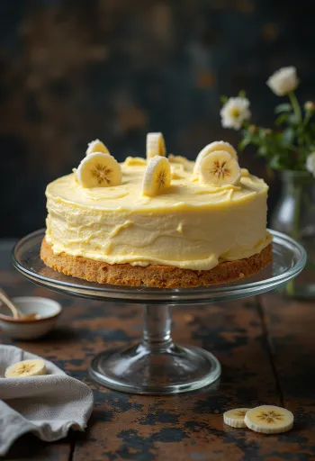 Bolo de banana e natas decorado com rodelas de banana