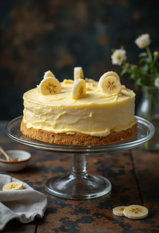 Bolo de banana e natas decorado com rodelas de banana