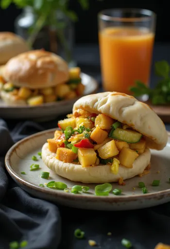 Massas Bao com legumes assados, cozidas a vapor, apresentação simples