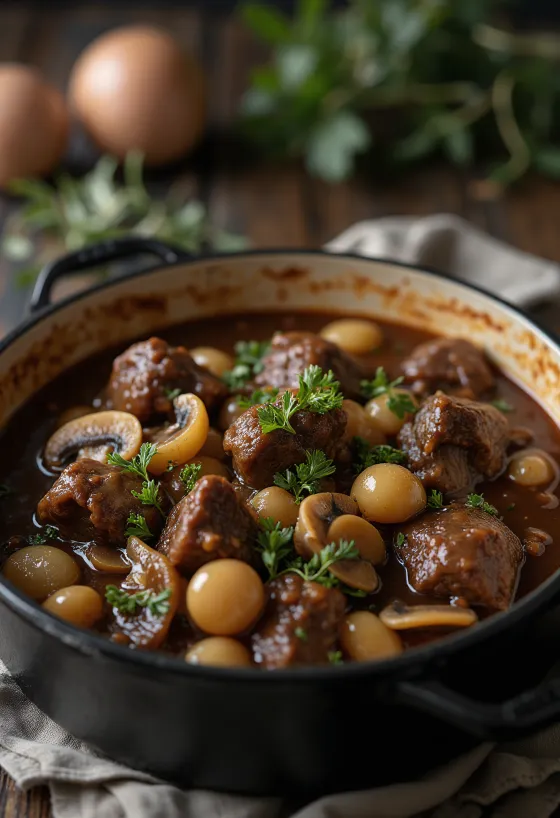 Carne de vaca à Bourguignon servida com tomilho fresco e pão