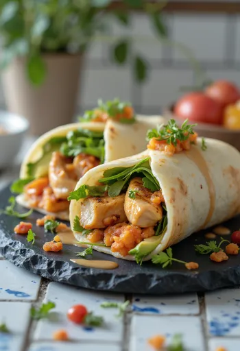 Wrap de fusão recheado com kimchi, abacate, frango grelhado e pimento assado