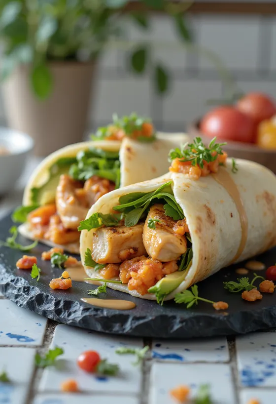 Wrap de fusão recheado com kimchi, abacate, frango grelhado e pimento assado