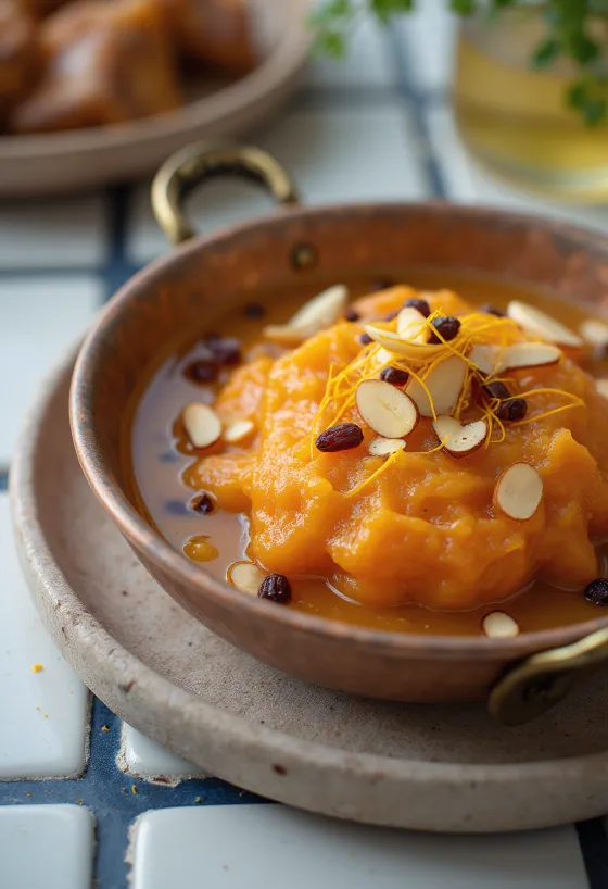 Gajar ka halwa com açafrão, servido com amêndoas e passas