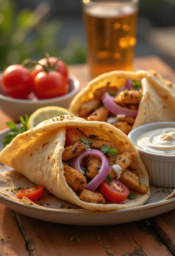 Carne de gyros acabada de fazer em pão pita, servida com vegetais e molho de iogurte.