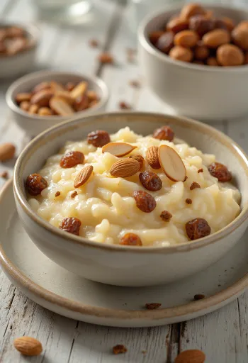 Pudim de arroz Kheer com passas decorado com amêndoas