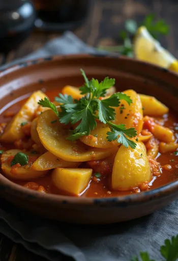 Olluquito com pimenta ají panca e decorado com coentros frescos