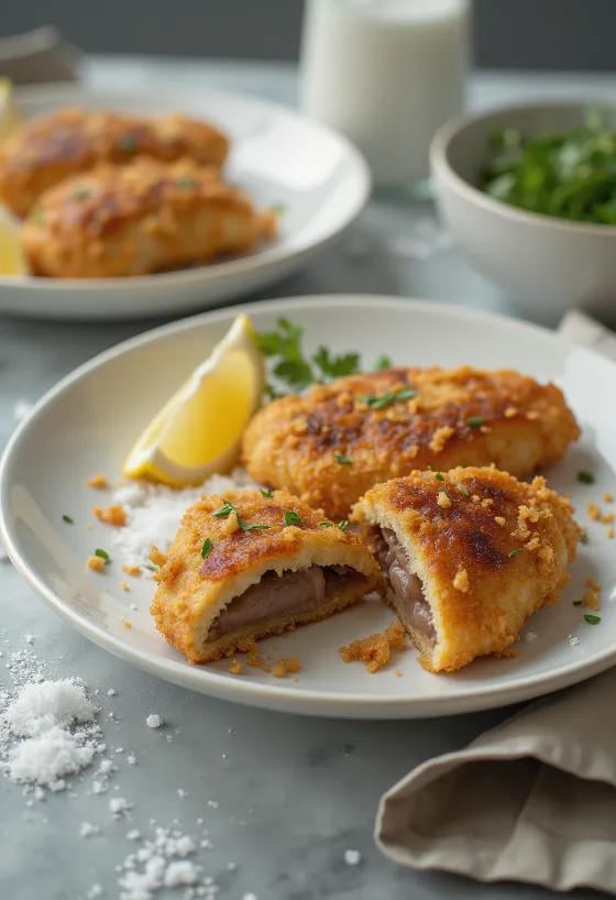 Fígado de porco panado estaladiço frito até dourar, servido com salada fresca.