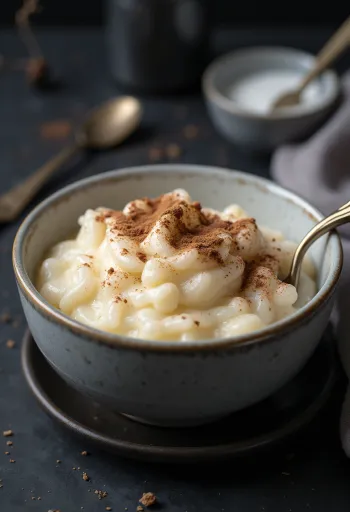 Arroz doce cremoso servido com canela e fruta fresca