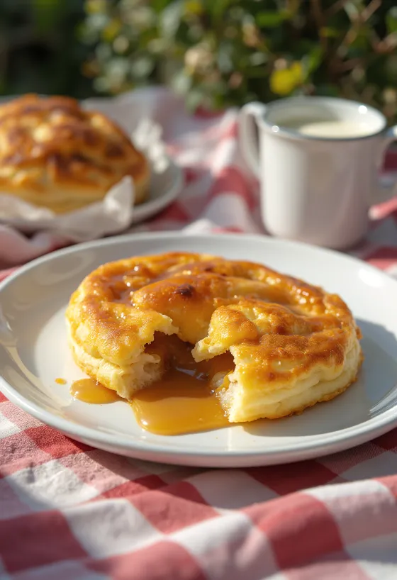 Bolas de Æbleskiver cortadas mostrando o recheio de caramelo