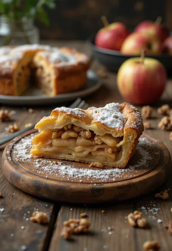 Tarte de maçã e noz cortada em fatias servida