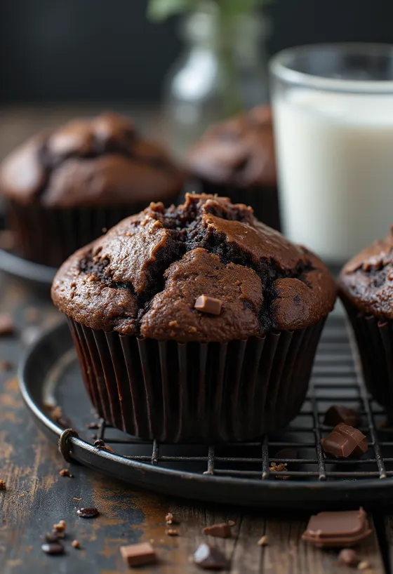 Muffin de chocolate com massa fofa, pedaços de chocolate derretido no interior