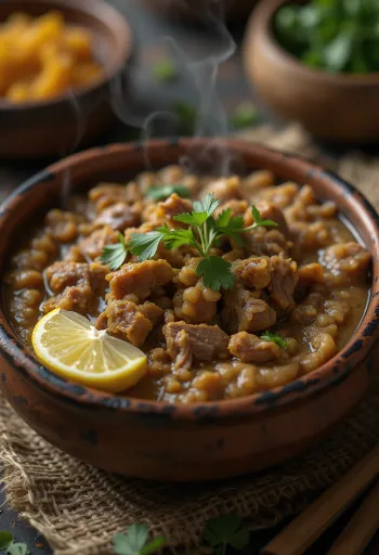 Haleem com borrego, servido com molho de iogurte e alho e pão tostado