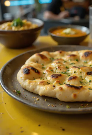 Pão naan acabado de cozer com alho e manteiga