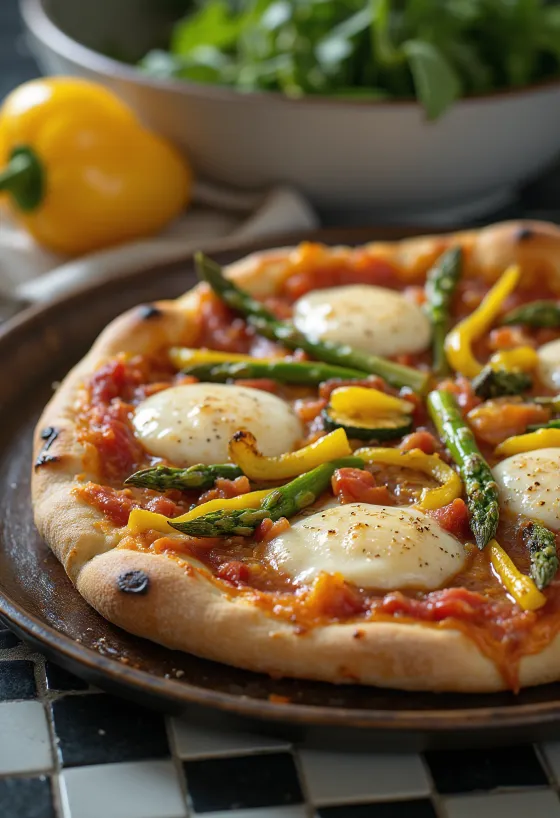 Pizza Primavera com vegetais de primavera e manjericão