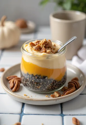 Pudim de chia com abóbora, servido com canela e nozes tostadas.