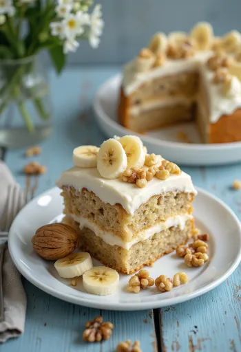 Bolo cremoso de banana e noz decorado com rodelas de banana fresca e nozes