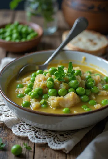 Receita de estufado de ervilhas cremoso – Estufado de ervilhas caseiro simples servido com salsa fresca e cobertura estaladiça.