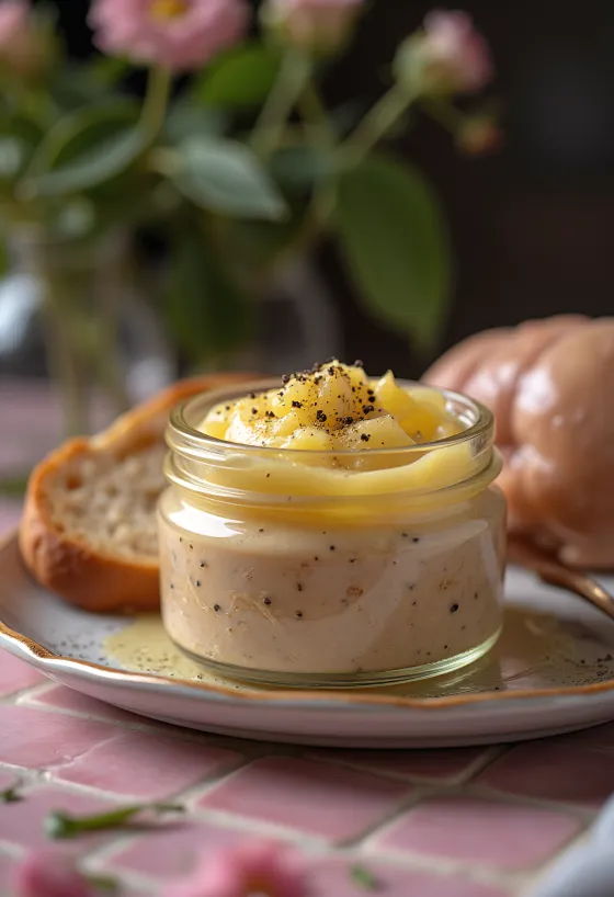 Paté de fígado de frango com consistência cremosa, servido com ervas frescas e torradas crocantes