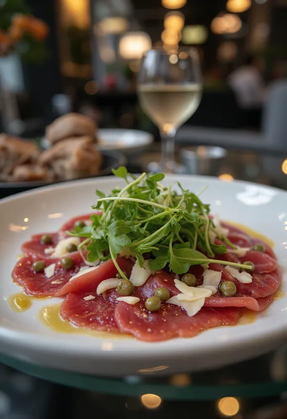 Carpaccio de carne de cavalo servido com rúcula, parmesão e alcaparras.