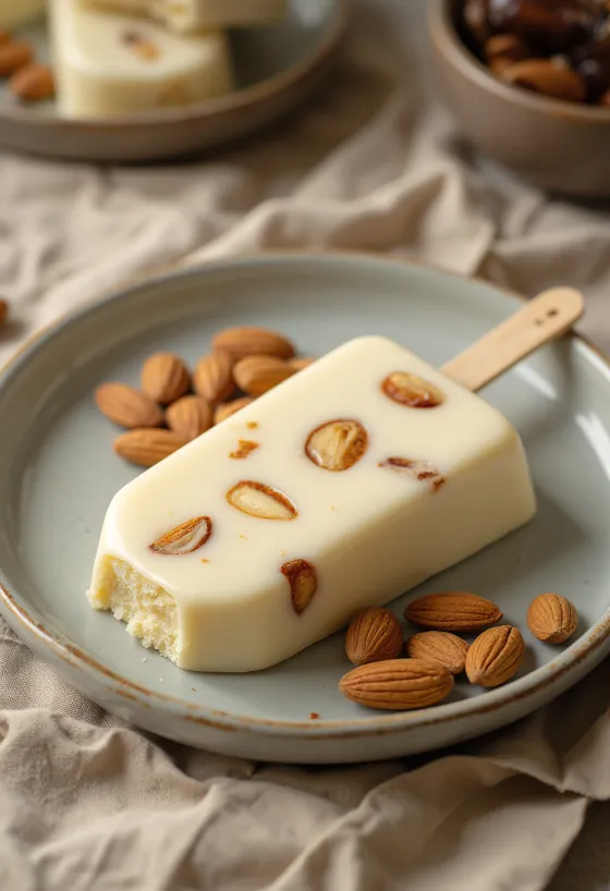 Gelado Magnum White Almond servido com cobertura de chocolate branco e pedaços de amêndoa