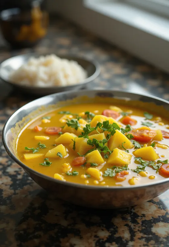 Rasam com manga verde, servido com especiarias ricas