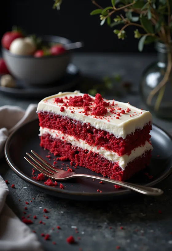 Bolo red velvet versão vegan com frutas frescas