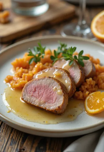 Peito de pato grelhado com molho de laranja servido