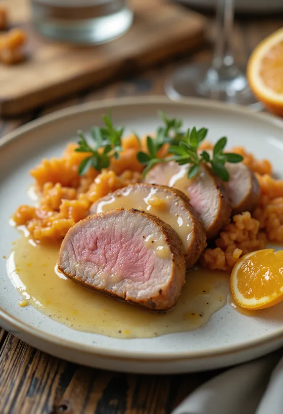 Peito de pato grelhado com molho de laranja servido