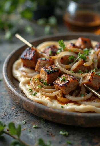 Espetadas Shashlik servidas com legumes grelhados