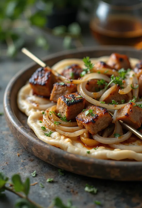 Espetadas Shashlik servidas com legumes grelhados