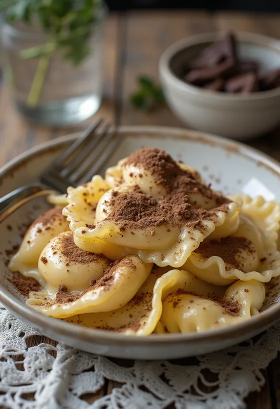 Ravioli tiramisu servido com cacau e chocolate