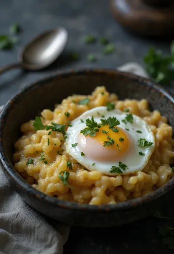 Açorda com ovo escalfado, decorada com coentros frescos, regada com sumo de limão