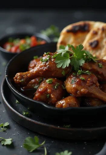 Frango Adobo servido com pão naan, em molho condimentado delicioso e rico