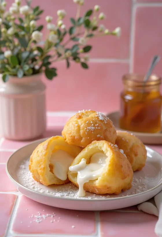 Æbleskiver dourados servidos com compota vermelha