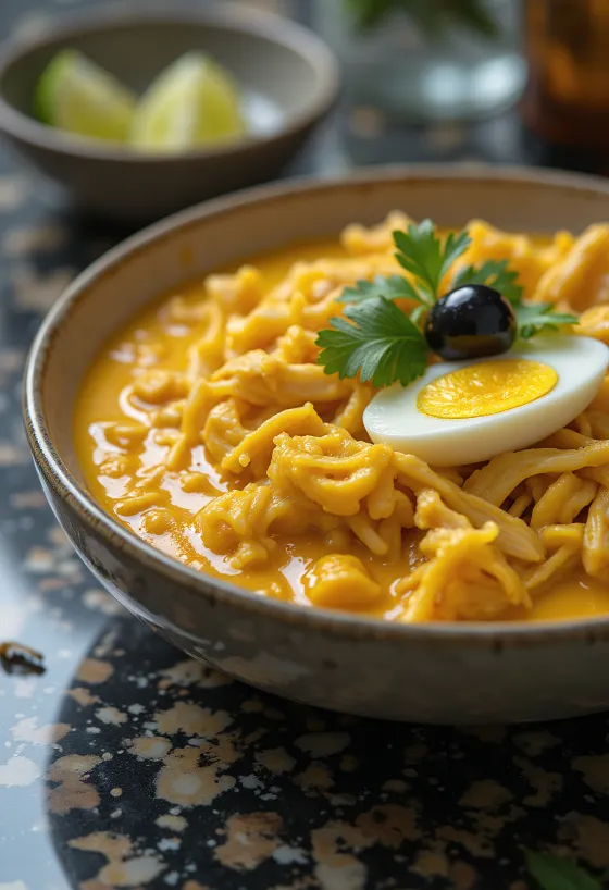Ají de Gallina sem glúten, frango servido com amendoim e chili amarelo