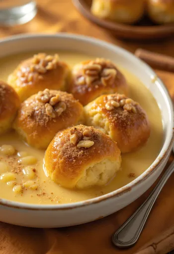 Bolinhos dourados com creme de baunilha servidos