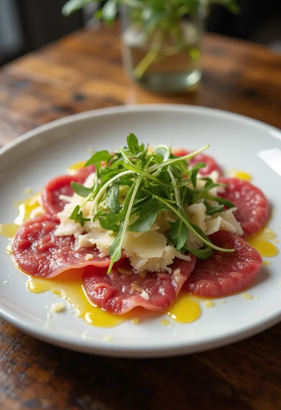 Carpaccio de lombo de vaca servido com rúcula e parmesão