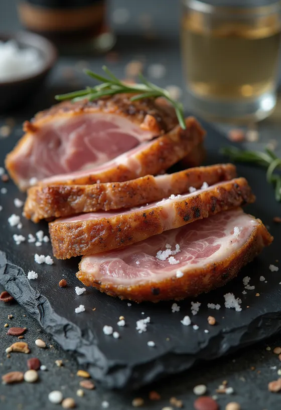 Secreto de porco ibérico servido com gomos de limão e legumes grelhados.