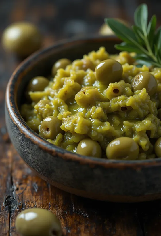 Molho de azeitona verde servido com pita fresca