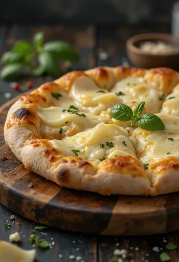 Pizza ai Formaggi servida com vários queijos e manjericão fresco